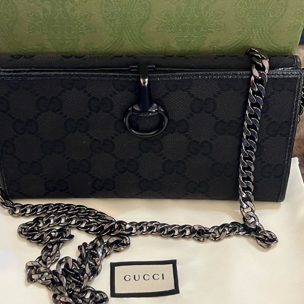 Gucci Black Monogram Chain Shoulder Wallet - Picture 1 of 13